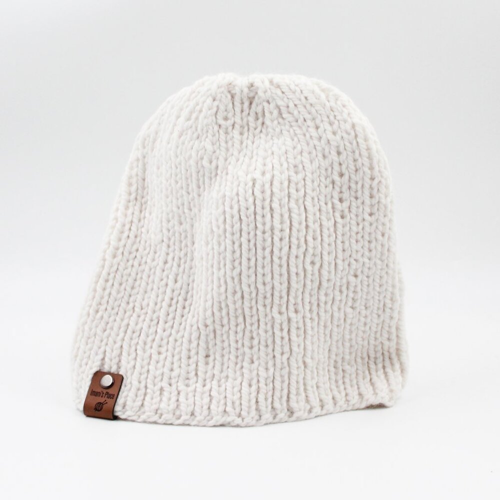 Handmade Hand Knit White Wool Alpaca Short Chunky Ribbed Knit Beanie Hat
